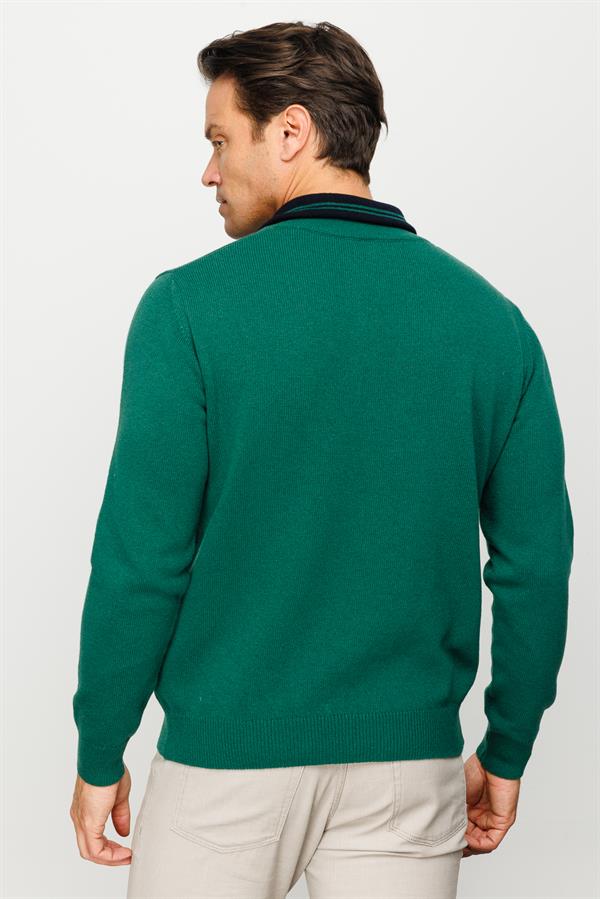 Мужской классический шерстяной свитер с воротником на молнии ярко зеленый