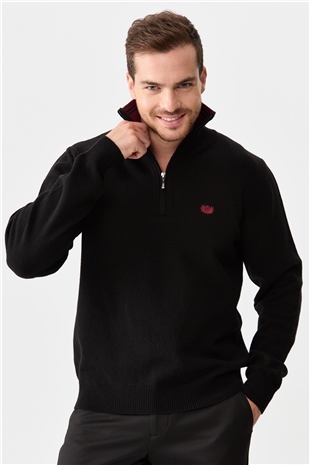 Мужской классический шерстяной свитер с вырезом на молнии черный