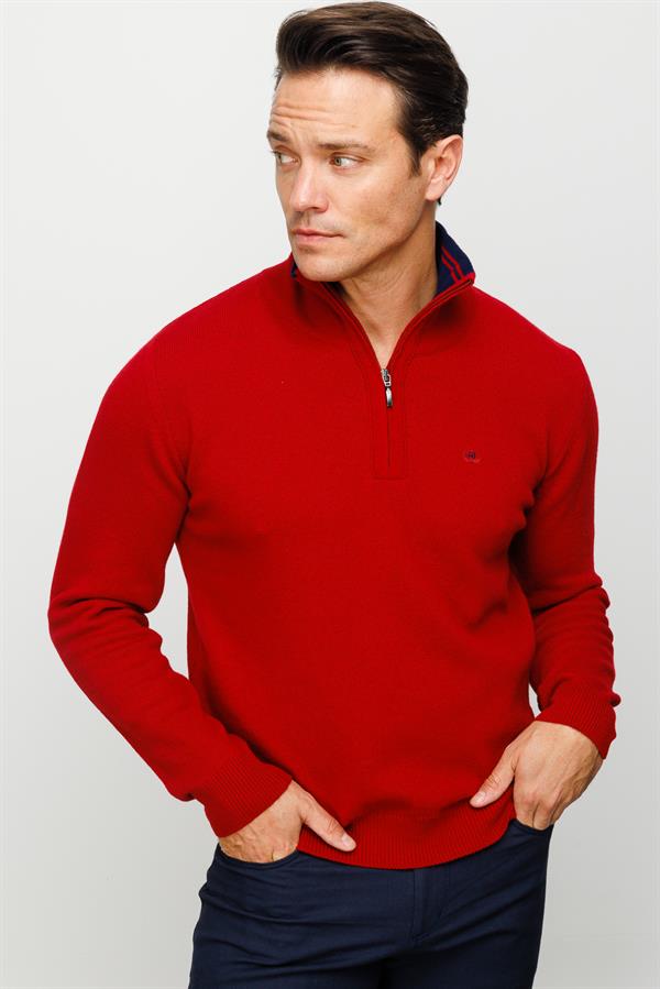 Мужской классический шерстяной свитер с воротником на молнии красный