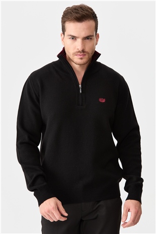 Мужской классический шерстяной свитер с вырезом на молнии черный