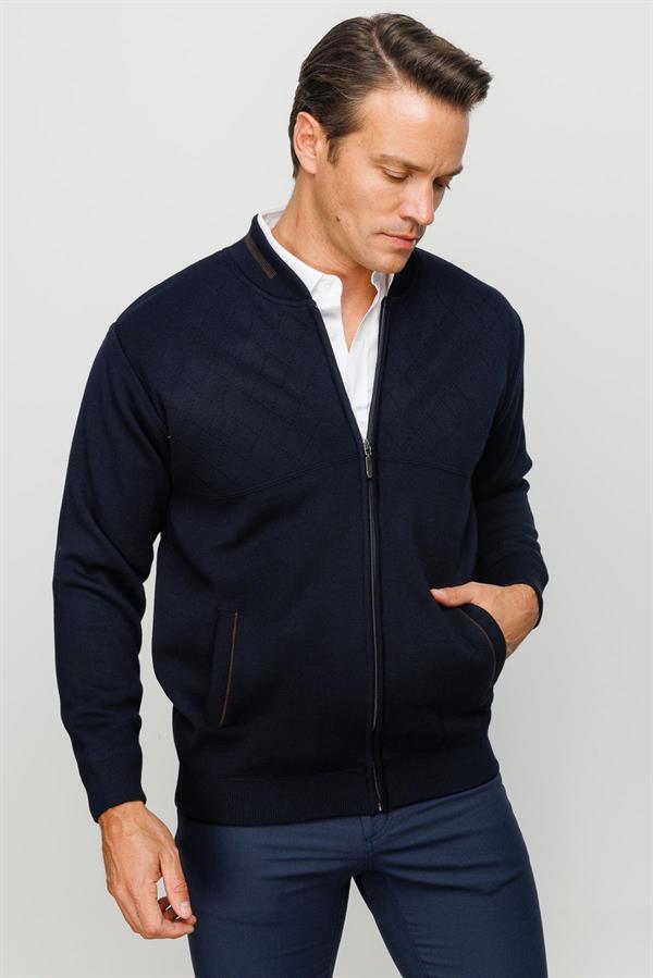 Мужская шерстяная трикотажная куртка с воротником стойкой темно синяя