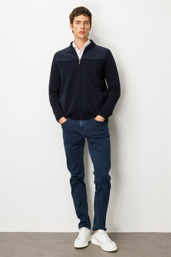 Erkek Hakim Yaka Göğsü ve Cebi Keçe Triko Mont K.Lacivert