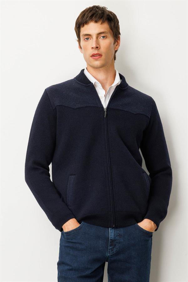 Erkek Hakim Yaka Göğsü ve Cebi Keçe Triko Mont K.Lacivert