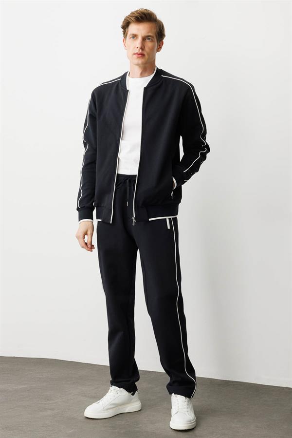 Erkek Hakim Yaka Kol Ucu ve Eteği Çizgili Eşofman Üstü K.Lacivert