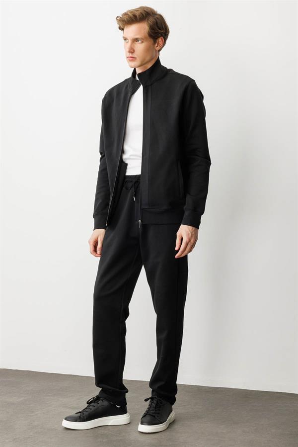 Erkek Hakim Yaka Ön Bandı ve Cebi Kumaş Eşofman Üstü Siyah