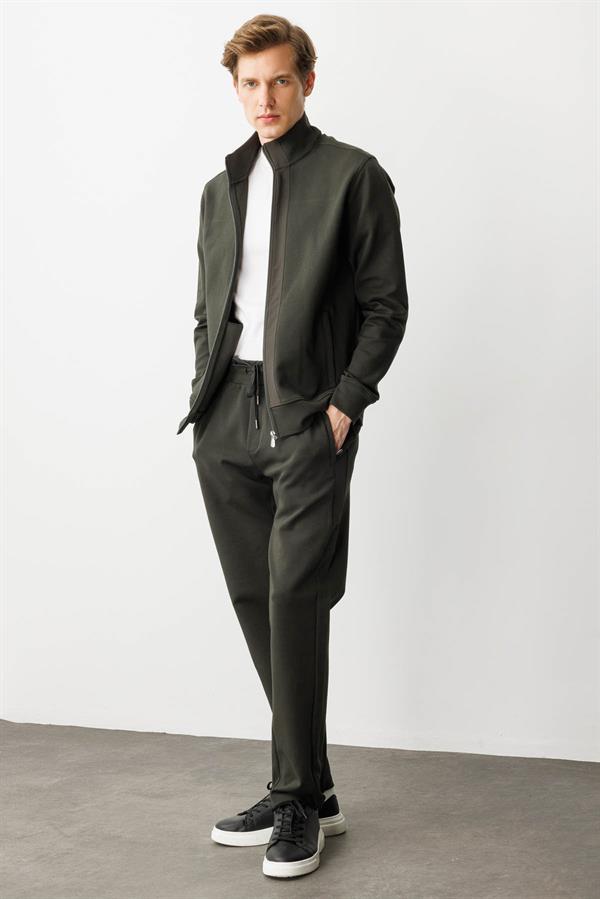 Erkek Hakim Yaka Ön Bandı ve Cebi Kumaş Eşofman Üstü K.Haki