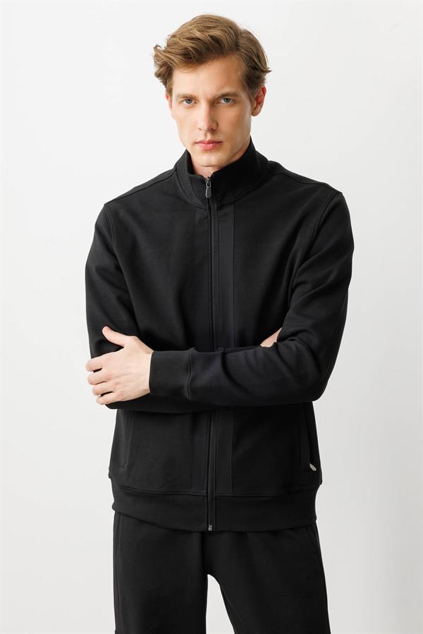 Erkek Hakim Yaka Ön Bandı ve Cebi Kumaş Eşofman Üstü Siyah