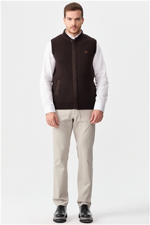 Mens Judge Collar Jacquard Zippered Vest Dark Brown