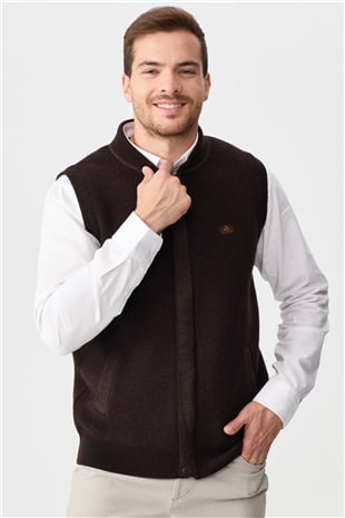 Mens Judge Collar Jacquard Zippered Vest Dark Brown