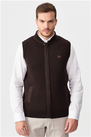 Mens Judge Collar Jacquard Zippered Vest Dark Brown