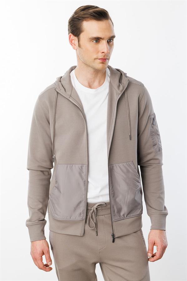 Erkek Kapüşonlu Kanguru Cepli Eşofman Üstü Vizon