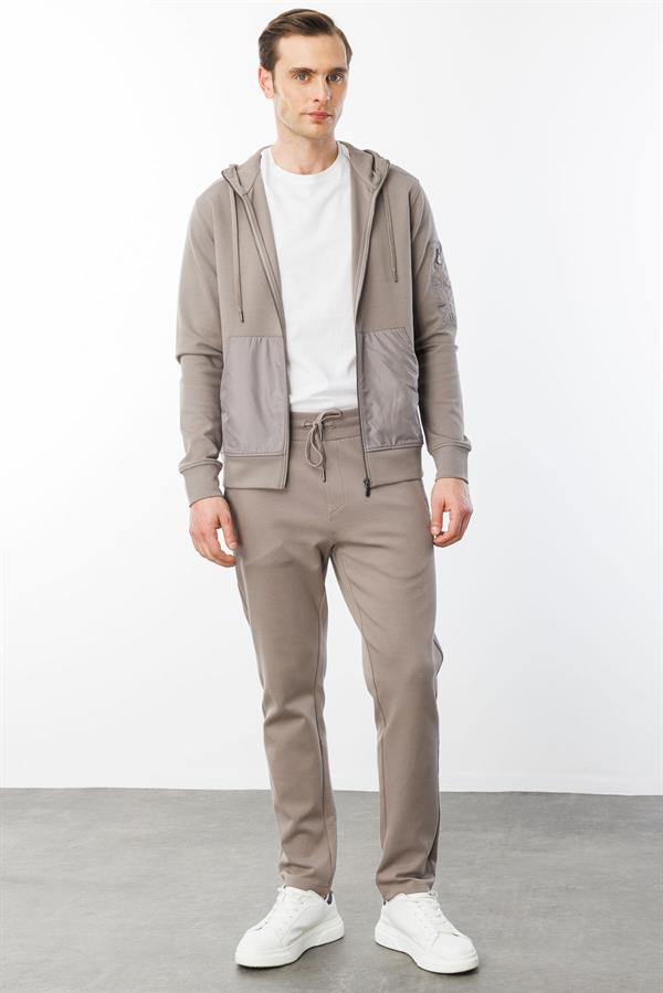 Erkek Kapüşonlu Kanguru Cepli Eşofman Üstü Vizon