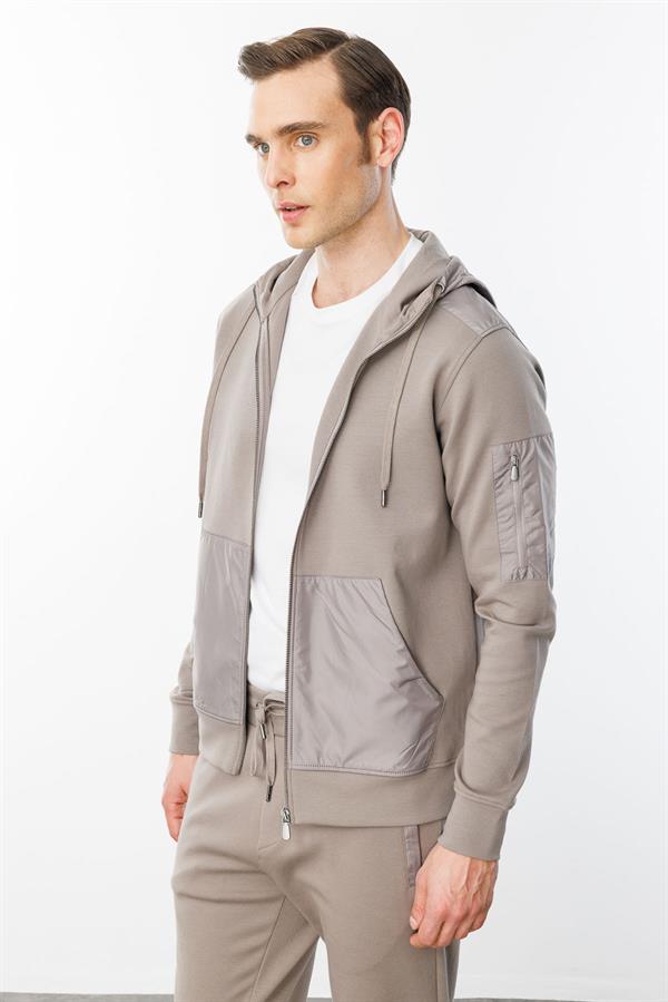 Erkek Kapüşonlu Kanguru Cepli Eşofman Üstü Vizon