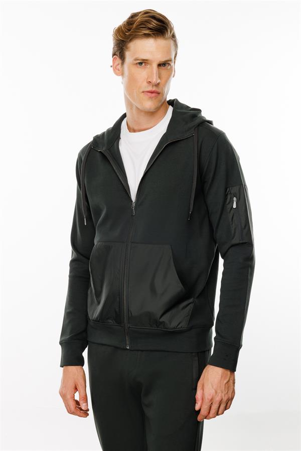 Erkek Kapüşonlu Kanguru Cepli Eşofman Üstü Haki