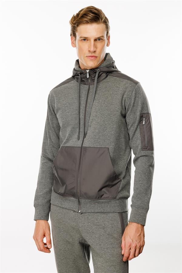 Erkek Kapüşonlu Kanguru Cepli Eşofman Üstü Antra/Melanj