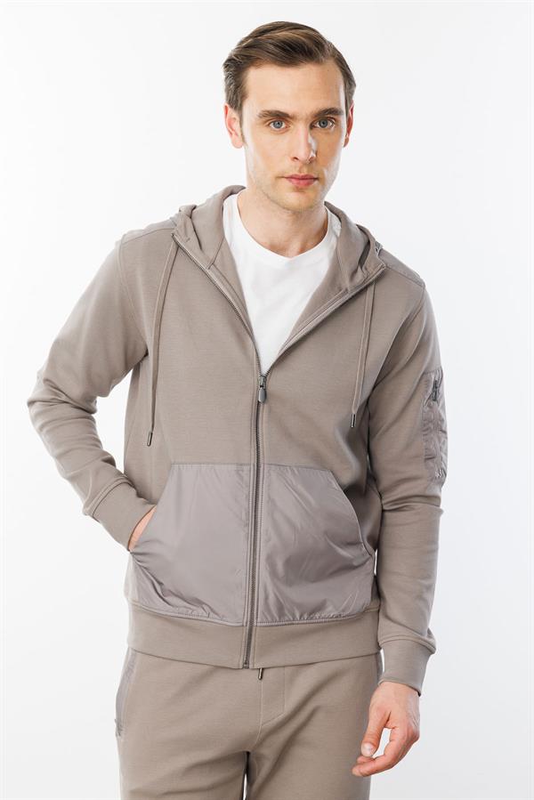 Erkek Kapüşonlu Kanguru Cepli Eşofman Üstü Vizon