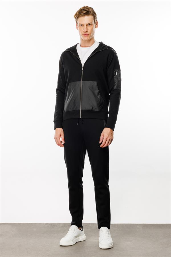 Erkek Kapüşonlu Kanguru Cepli Eşofman Üstü Siyah