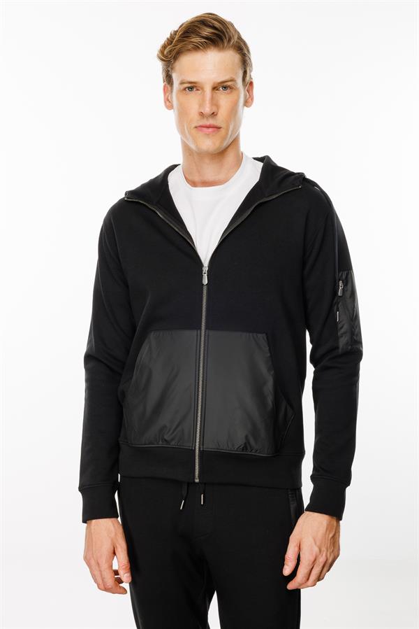 Erkek Kapüşonlu Kanguru Cepli Eşofman Üstü Siyah