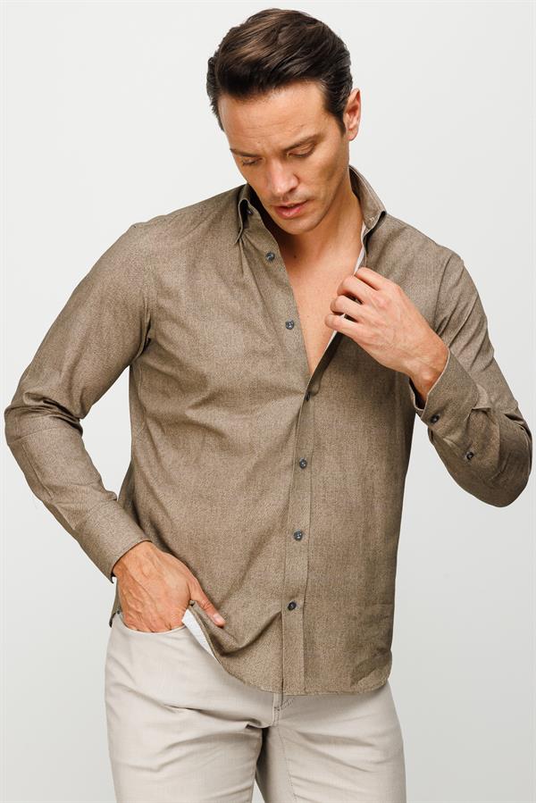 Erkek Klasik Yaka %100 Pamuk Regular Orta Kesim Gömlek Olive