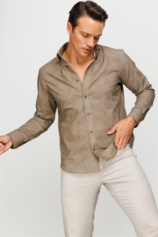 Erkek Klasik Yaka %100 Pamuk Regular Orta Kesim Gömlek Olive