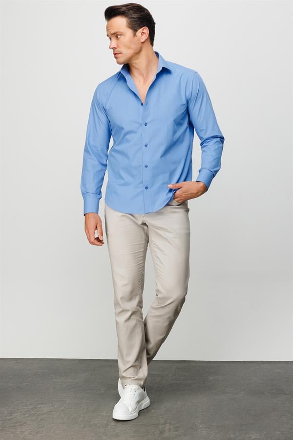 Мужская хлопковая однотонная рубашка голубая