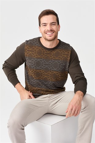 Мужской шерстяной свитер с рисунком впереди коричневый 