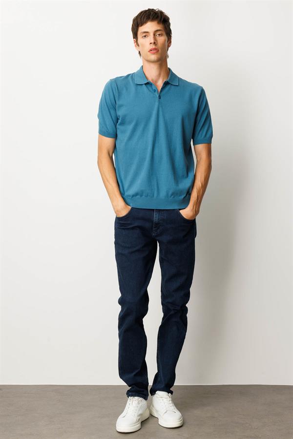 Erkek Polo Yaka %100 Pamuk Kısa Kol İnce Triko Mavi
