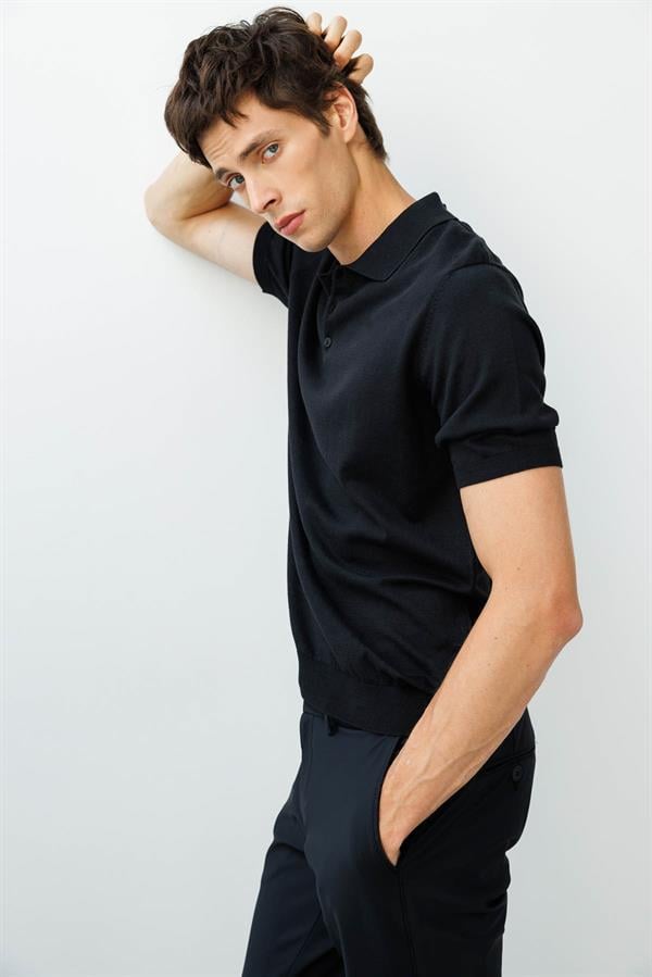 Erkek Polo Yaka %100 Pamuk Kısa Kol İnce Triko Siyah