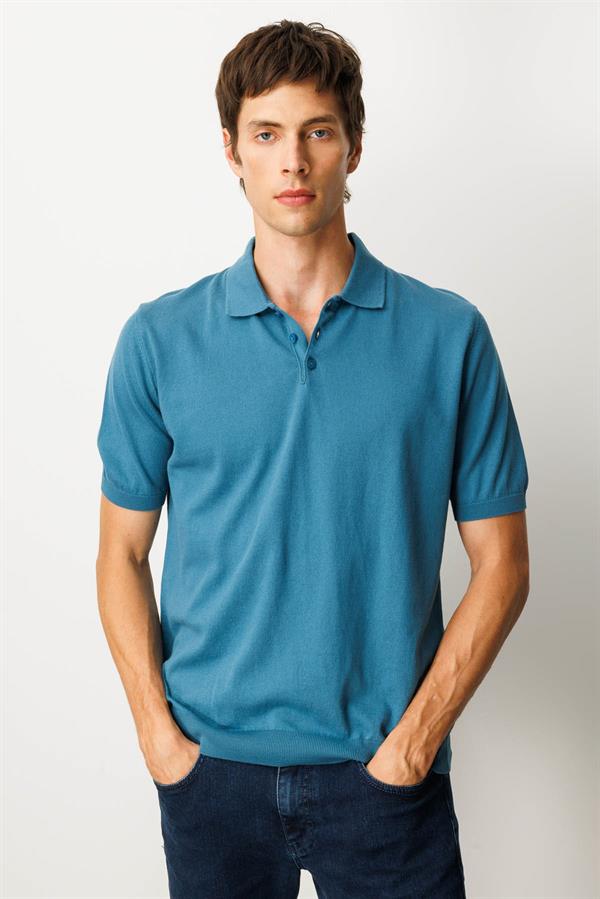 Erkek Polo Yaka %100 Pamuk Kısa Kol İnce Triko Mavi