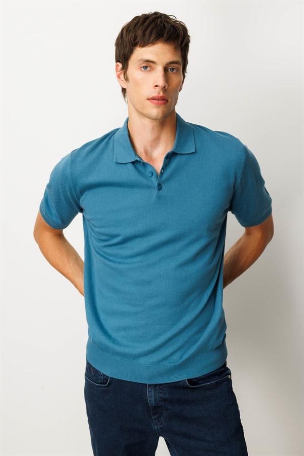 Erkek Polo Yaka %100 Pamuk Kısa Kol İnce Triko Mavi