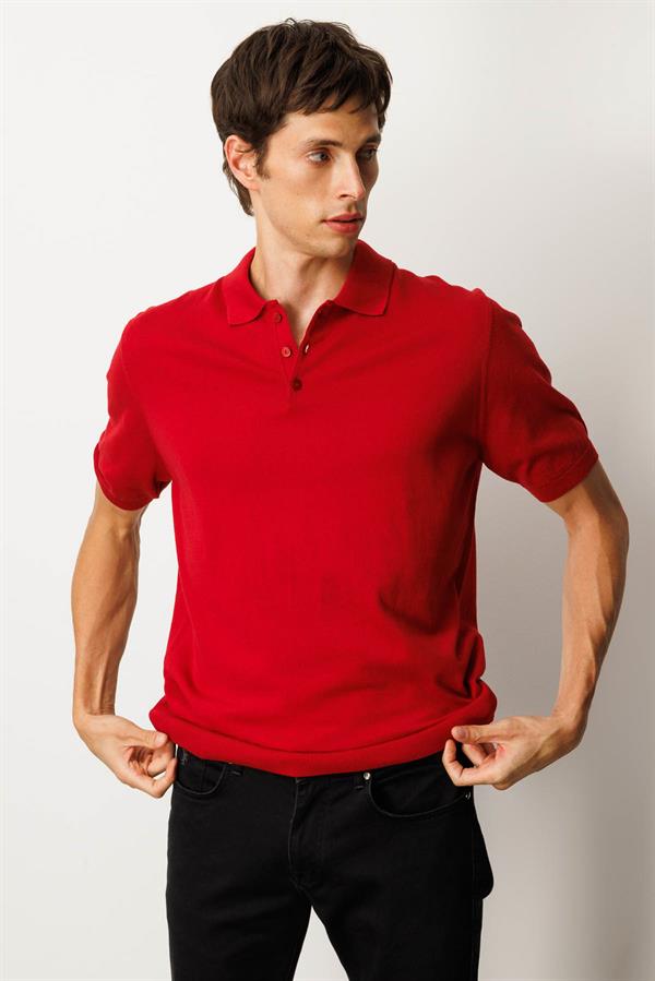 Erkek Polo Yaka %100 Pamuk Kısa Kol İnce Triko Kırmızı