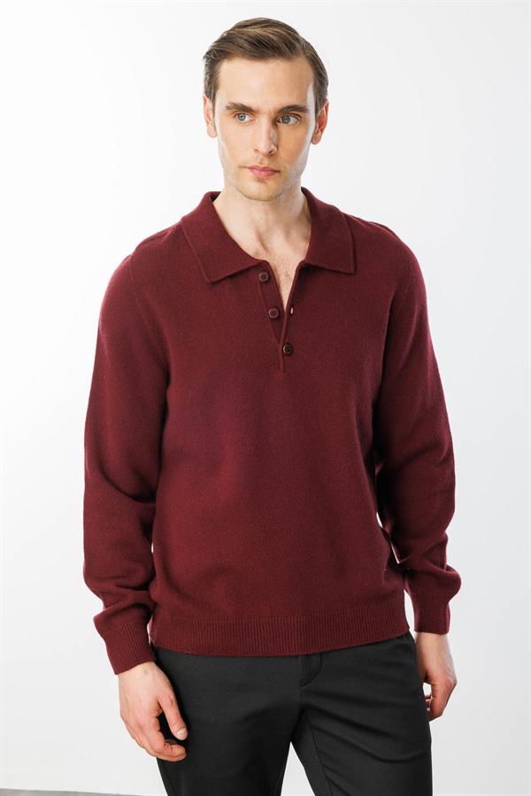 Erkek Polo Yaka Basic Yün Kazak Bordo