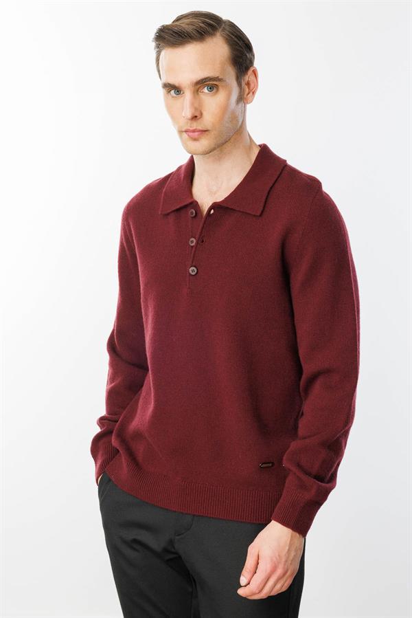 Erkek Polo Yaka Basic Yün Kazak Bordo