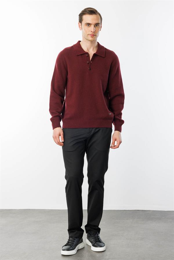 Erkek Polo Yaka Basic Yün Kazak Bordo