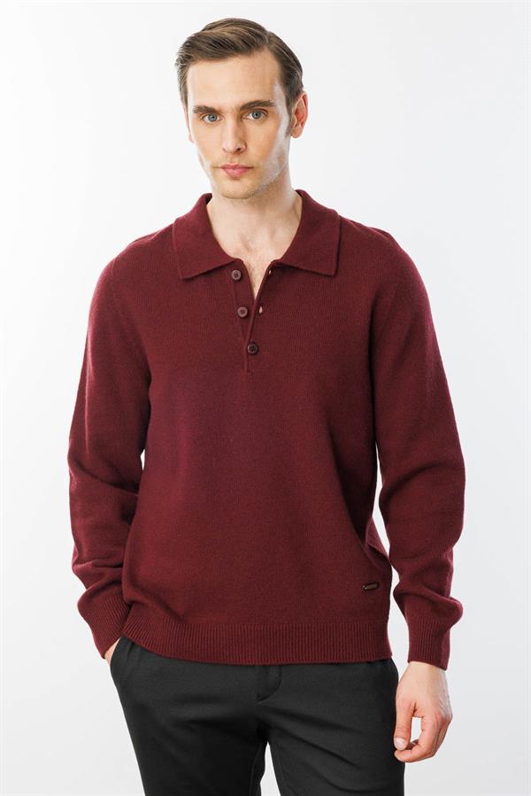 Erkek Polo Yaka Basic Yün Kazak Bordo