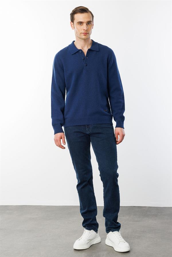 Erkek Polo Yaka Basic Yün Kazak İndigo