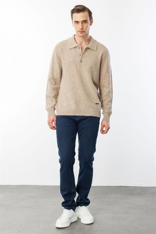 Erkek Polo Yaka Basic Yün Kazak K.Bej