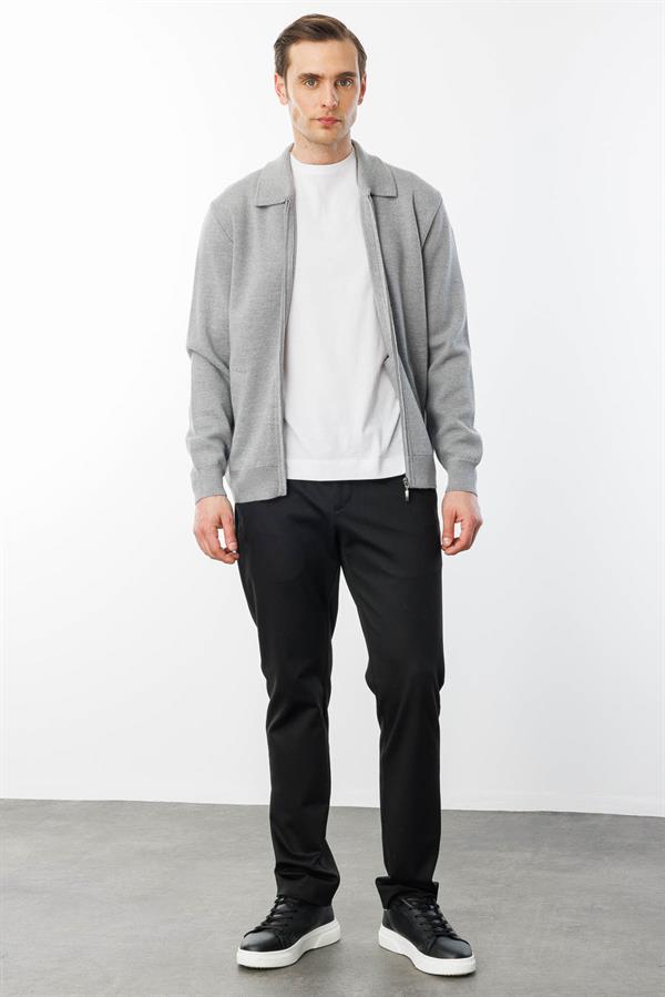 Erkek Polo Yaka Çelik Örgü Yün Ceket Füme