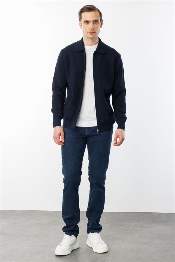 Erkek Polo Yaka Çelik Örgü Yün Ceket K.Lacivert