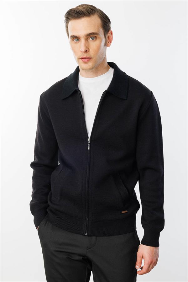 Erkek Polo Yaka Çelik Örgü Yün Ceket Siyah