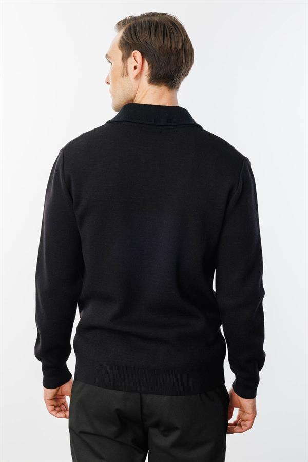 Erkek Polo Yaka Çelik Örgü Yün Ceket Siyah