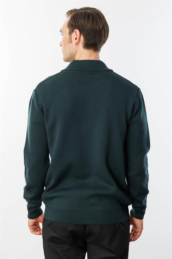 Erkek Polo Yaka Çelik Örgü Yün Ceket Yeşil