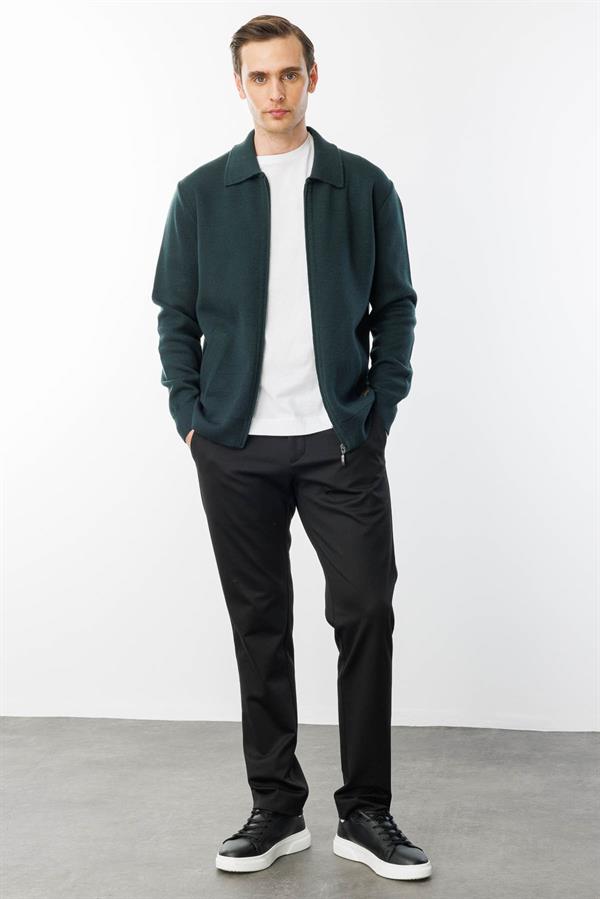 Erkek Polo Yaka Çelik Örgü Yün Ceket Yeşil