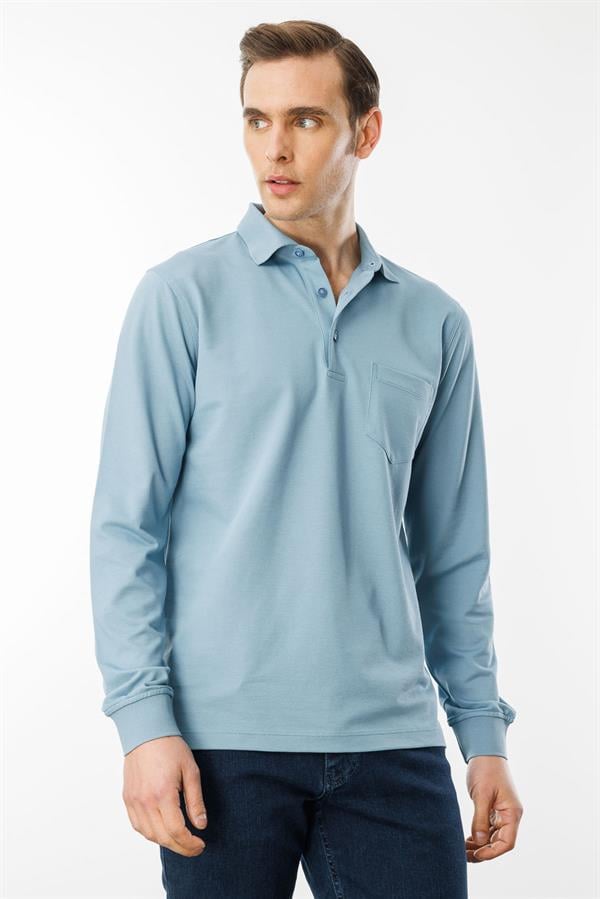 Erkek Polo Yaka Cepli Uzun Kollu Sweatshirt H.Mavi
