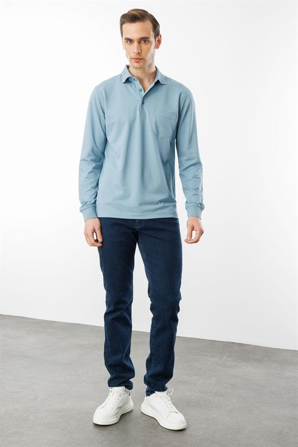 Erkek Polo Yaka Cepli Uzun Kollu Sweatshirt H.Mavi