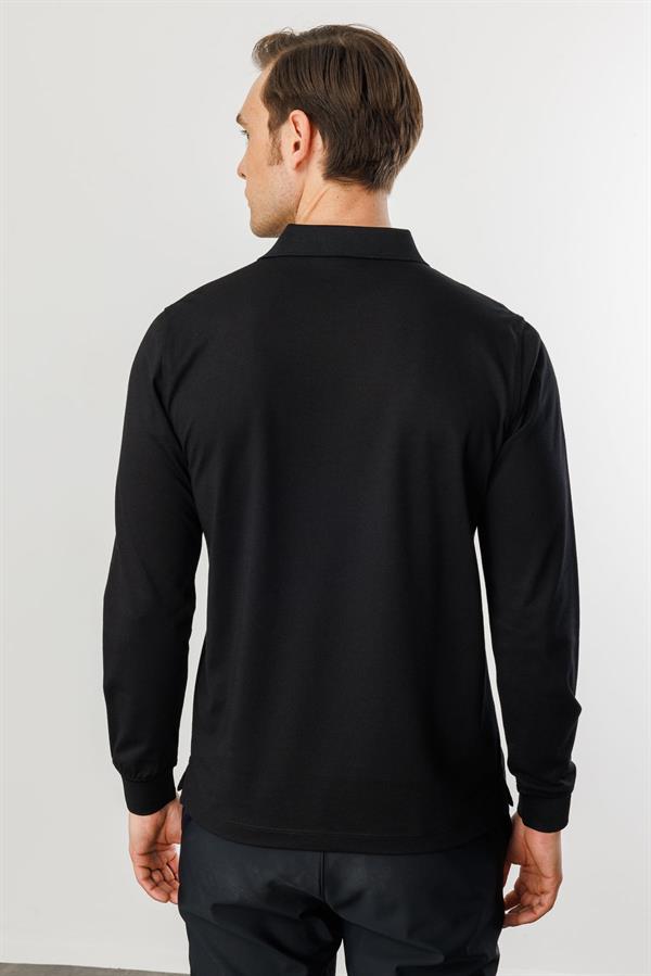 Erkek Polo Yaka Cepli Uzun Kollu Sweatshirt Siyah