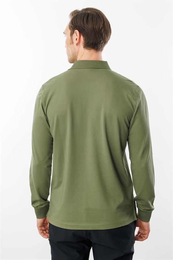Erkek Polo Yaka Cepli Uzun Kollu Sweatshirt Haki