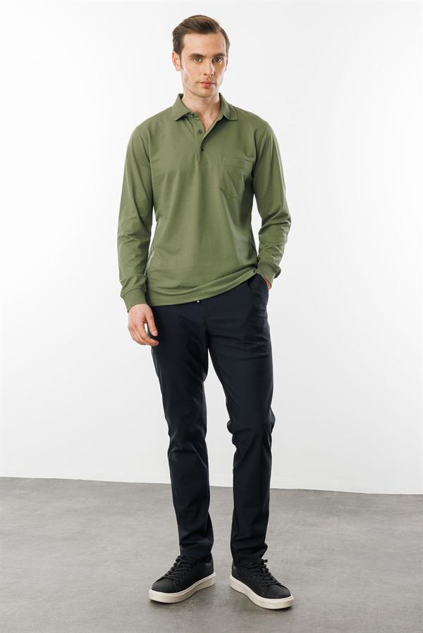 Erkek Polo Yaka Cepli Uzun Kollu Sweatshirt Haki