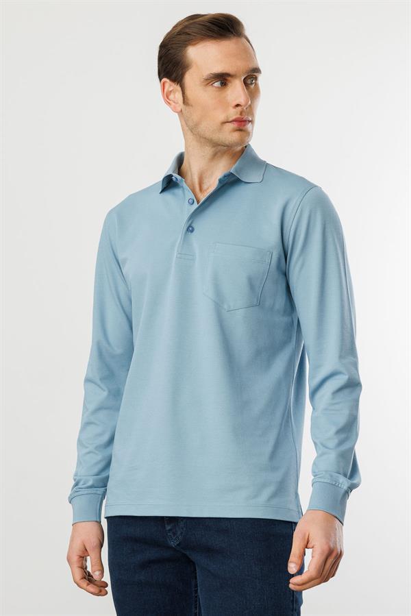 Erkek Polo Yaka Cepli Uzun Kollu Sweatshirt H.Mavi