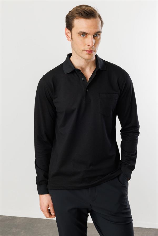 Erkek Polo Yaka Cepli Uzun Kollu Sweatshirt Siyah
